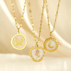 Vintage Stainless Steel Gold Plated Pendant Necklace For Women Butterfly Moon Rose Coconut Tree Unicorn Buddha Jewelry