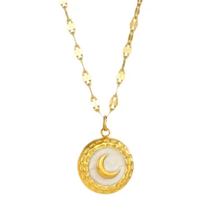 Gold-plated stainless steel necklace with round shell pendant and moon charm design