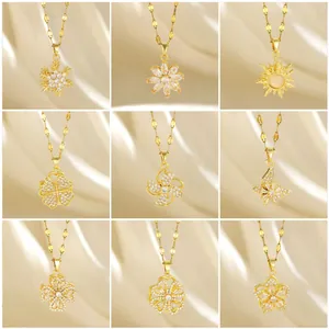 Rotating Zirconia Clover Flower Pendant Necklace For Women Stainless Steel Chain Decompression Spinning Lucky Jewelry Gift