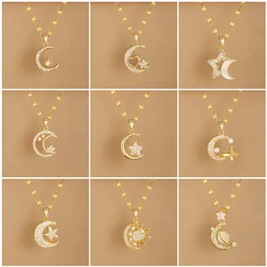 Vintage Stainless Steel Star Moon Pendant Necklace For Women Gold Plated Zirconia Bowknot Butterfly Jewelry Gift