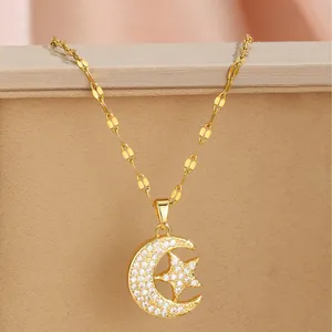 Star and Moon Zircon Pendant Necklace in Gold Finish with Flat O-Chain for Women
