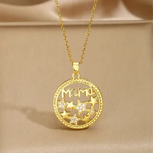 Gold MAMA heart necklace with star-shaped zircon inlays for Mother's Day gifts