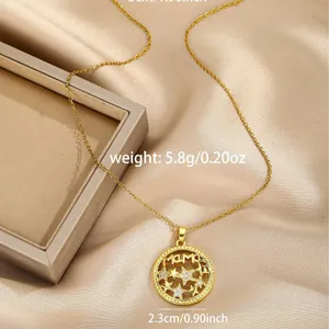 Golden MAMA heart pendant necklace with star patterns and sparkling cubic zirconia stones