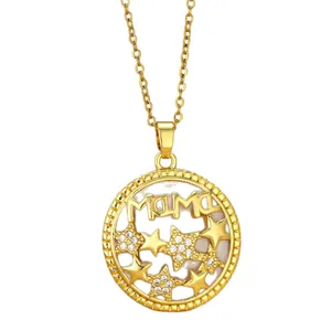 Gold MAMA letter necklace with zircon star pendant on a white background