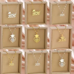 Stainless Steel 2025 Graduation Necklace Class Of 2025 Number Heart Pendant Graduation Cap Memorial Jewelry For Men Women Gift