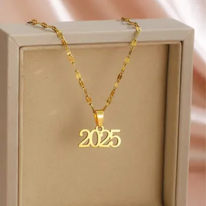 2025 graduation year necklace with a polished gold finish on a premium display stand
