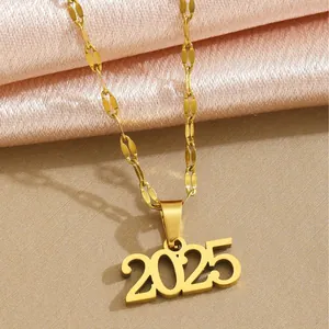 Golden 2025 commemorative necklace with a cut-out number pendant and flat chain