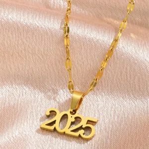 Polished 2025 year number pendant necklace in gold finish for graduation gifts
