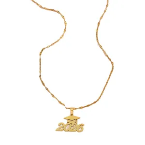 Golden stainless steel graduation necklace featuring 2026 cap pendant on a twisted chain