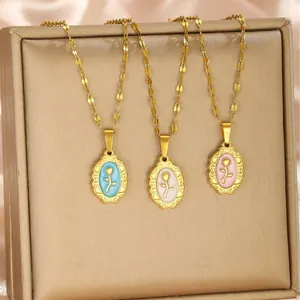 Vintage Edelstahl Rose Blume Anhänger Halskette Emaille Relief Floral Gold Kette Für Damen Frisch Süß Schmuck Geschenk