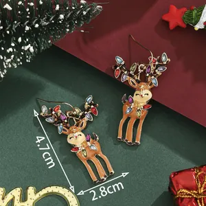 Christmas reindeer drop earrings with colorful crystals and gold hooks, size 4.7cm x 2.8cm