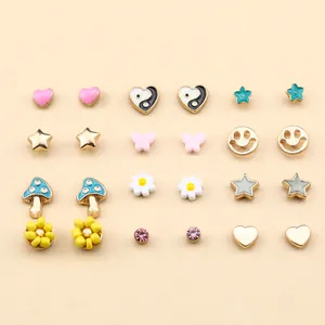 Cartoon Colorful Enamel Heart Star Earrings For Women Alloy Rhinestone Animal Sea Shell Earrings Jewelry With Stainless Steel Post