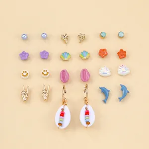 Set of 12 pairs summer ocean theme earrings with pearls, shells and colorful charms