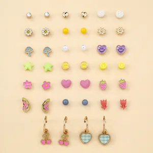 21-pair colorful enamel earring set featuring heart, mushroom, and star designs for women