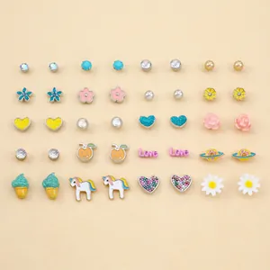 Collection of 20 pairs colorful enamel stud earrings featuring hearts and flowers