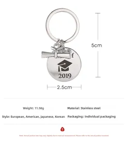 Detailed view of stainless steel Class of 2019 graduation keychain with dimensions and weight