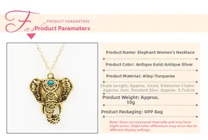 Detail view of vintage elephant necklace with turquoise inlay and 63+5cm chain dimensions