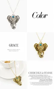 Detail view of ethnic elephant pendant with blue gemstone and hollow floral patterns