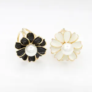 Elegant daisy rhinestone scarf buckles in black and white enamel with pearls and gold finish