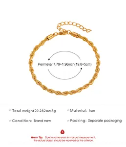 Detailed view of adjustable golden twisted rope chain bracelet with size measurements