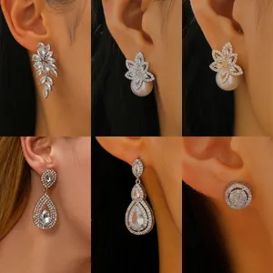 Luxury Zirconia Water Drop Dangle Earrings For Women Copper Alloy Rhinestone Flower Bow Heart Bridal Wedding Party Jewelry Gift