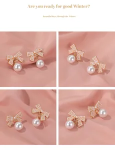 Detailed close-up of gold bow earrings with micro-set pearls and large drop pendants