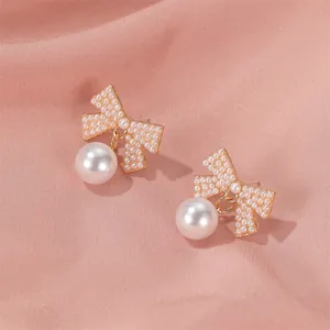 Elegant Alloy Artificial Pearl Bowknot Earrings With 925 Sterling Silver Earring Post Zirconia Tassel Rose Floral Drop Earrings For Women
