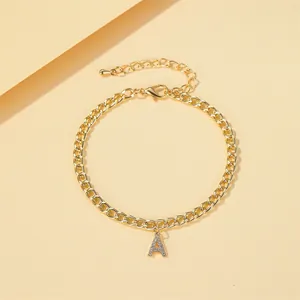 Fashionable gold-plated Cuban chain anklet with sparkling crystal letter A pendant