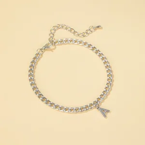 Silver curb chain anklet with sparkling rhinestone letter A pendant and lobster clasp