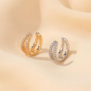 Fashion Double Layer Full Rhinestone Ear Cuffs Copper Zirconia C Shaped Ear Bone Clip Non Pierced Earrings Jewelry For Women