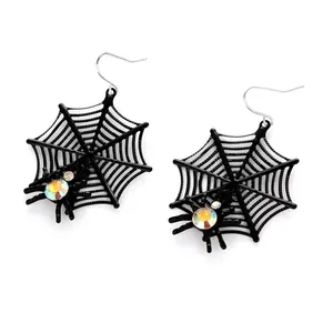 Gothic Halloween spider web earrings with iridescent rhinestones and silver metal hooks