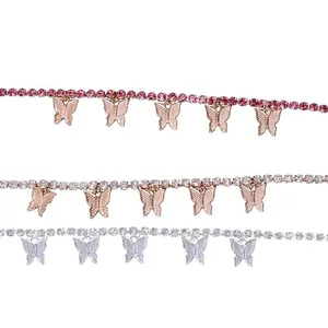 Funkelnde Schmetterling Fußkettchen mit Strass Quastenketten in Rosa und Silber-Finish