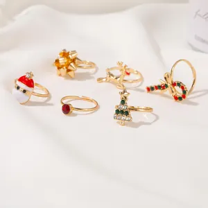 Lot de 6 bagues de Noël réglables avec motifs élan et sapin en émail coloré