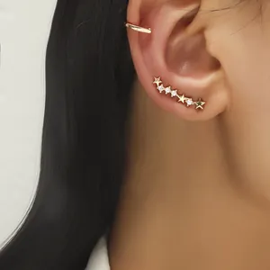 Golden star ear cuff and climber set with zircon stones for non-pierced ears