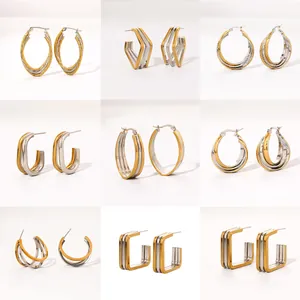 Boucles d'Oreilles Créoles Géométriques en Acier Inoxydable Bicolore pour Femmes Luxe Léger Or Argent Couleur Mixte Clous d'Oreilles Bijoux Minimalistes en Forme de C