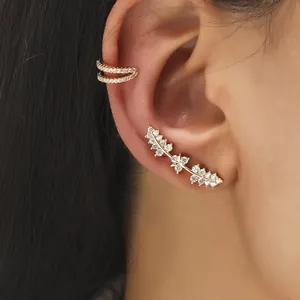 Gold leaf vine ear crawler and double row zircon ear cuff set for non-pierced ears