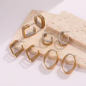 Boucles d'oreilles géométriques en acier inoxydable bicolore, formes carrée et en U