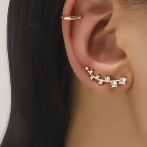 Elegant gold ear cuff and curved rhinestone stud earring set for women's non-pierced ears