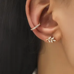 Golden ear cuff set with leaf design and sparkling cubic zirconia for women