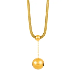 Chic multi-layer gold titanium steel necklace with ball pendant and mesh woven design