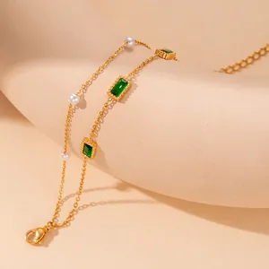 Retro double-layer stainless steel bracelet with green gemstones and white pearls