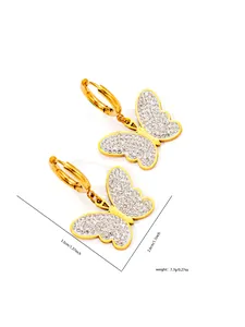 Detailed view of gold butterfly hoop earrings with dimensions 3.5cm by 2.6cm and crystals