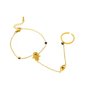 Set bracciale anello mano di Fatima e occhio di Allah dorato in acciaio inossidabile