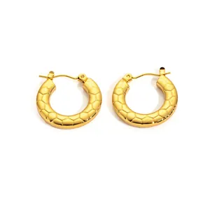 French vintage textured gold-plated titanium steel hoop earrings with honeycomb pattern