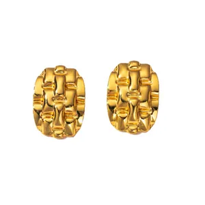 Minimalist gold-plated stainless steel woven texture rectangular stud earrings
