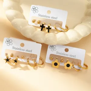 Edelstahl Ohrring-Set Für Damen Gold Schwarz Emaille Blume Stern Kreuz Ohrstecker Creolen Mode Schmuck Geschenk