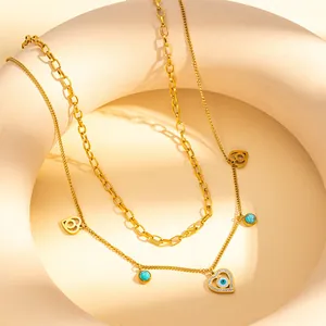 Ensemble de colliers dorés en acier inoxydable avec pendentif cœur œil et perle turquoise