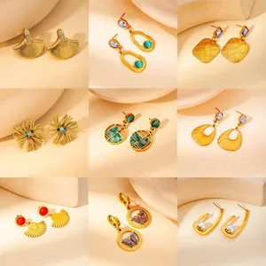 Vintage Stainless Steel Earrings For Women Gold Plated Geometric Butterfly Artificial Pearl Sunflower Rhinestone Stud Hoop Earrings Jewelry