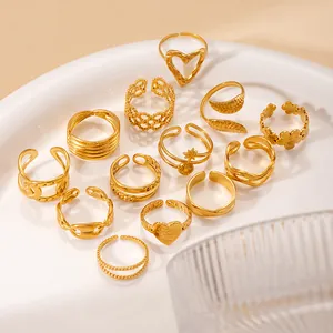 Golden Stainless Steel Open Rings For Women Minimalist Adjustable Heart Star Leaf Flower Hollow Design Jewelry