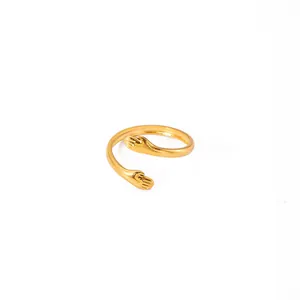 Gold-plated adjustable stainless steel hug ring with intertwined hands design for women